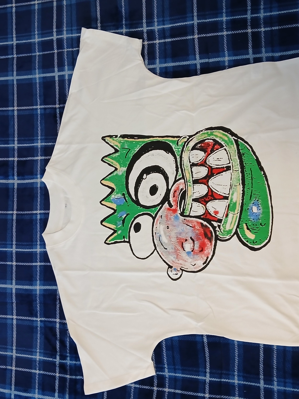 White Graphic Men’s T-Shirt with Green Cartoon Print